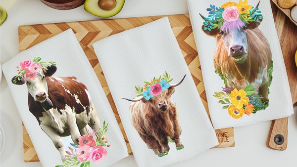 floral cow kitchen towel & highland cow throw pillow for sofa new home gift set for her, boho cow decor, cow gifts for cow lovers, cute cow