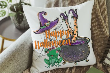 happy Halloween throw pillows for couch, funny Halloween decor, whimsigoth decor, witch pillow cover 18 x 18, Halloween housewarming gift