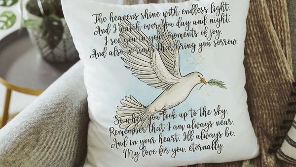 personalized dove of peace hug from Heaven pillow for couch, bereavement gift loss of mother sympathy gift for daughter, remembering a loved