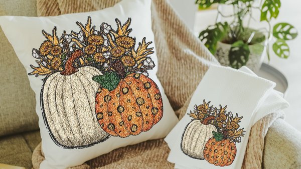 faux sequin sunflower throw pillow for sofa, fall decor for home, white pumpkin kitchen towel, Thanksgiving hostess gifts for women, orange