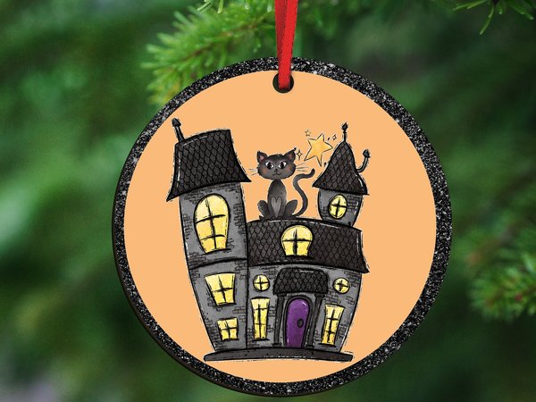Haunted House and Black Cat Halloween Ornament, 3.14in