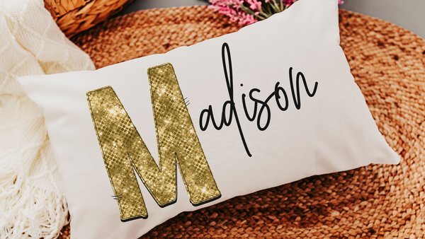 personalized gold sparkle name pillow for dorm, teen girl gifts, lumbar bed pillow for reading, cute pillows for girls, unique gifts for