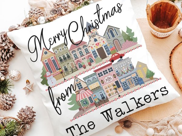 personalized Merry Christmas throw pillow for sofa, custom small town Christmas decor for home, unique Christmas wedding gift for couple