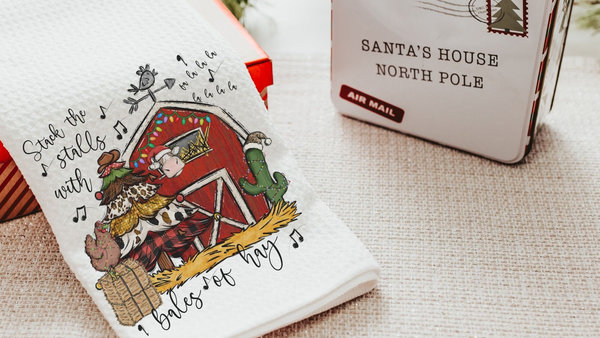 deck the halls farm Christmas kitchen towels for winter, cute Christmas hostess gifts for women, funny stocking stuffers for adult, red barn