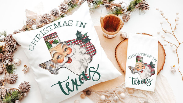 Santa throw pillows for couch, Texas kitchen towels for winter, holiday hosting decor home decor gift, Texas Christmas gifts for neighbors