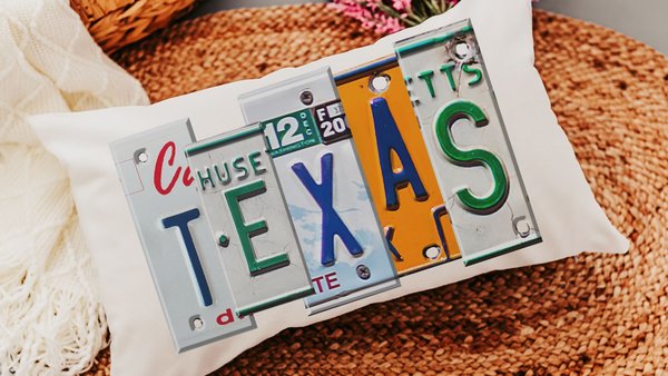 custom license plate state throw pillows for couch, realtor closing gift for buyers, Texas gifts, bungalow decor, moving away gift for