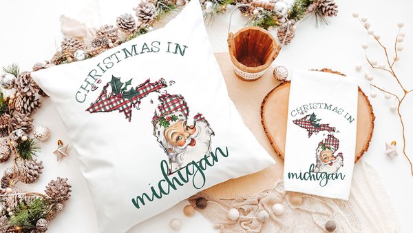 custom state Christmas kitchen towels for friends, Santa Claus Christmas throw pillows for sofa, Michigan Christmas gifts for neighbors