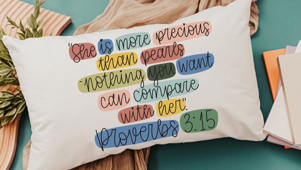 she is more precious than rubies Proverbs 3 15 Bible verse throw pillow for bed, inspirational Christian gifts for daughter, scripture throw