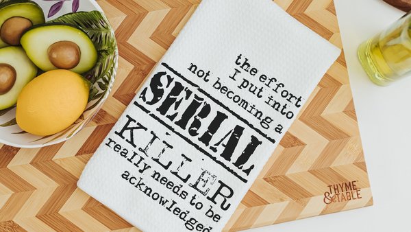 funny kitchen towels for women, true crime gift for her, serial killers and chill snarky hand towel for guest bathroom, dark humor gifts