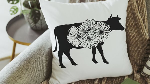 floral cow throw pillows for couch, black and white farmhouse decor living room throw pillow covers 18x18, cute cow gifts for cow lovers