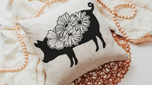 floral pig throw pillows for couch, black and white farmhouse decor living room throw pillow covers 18x18, cute pig gifts for pig lovers