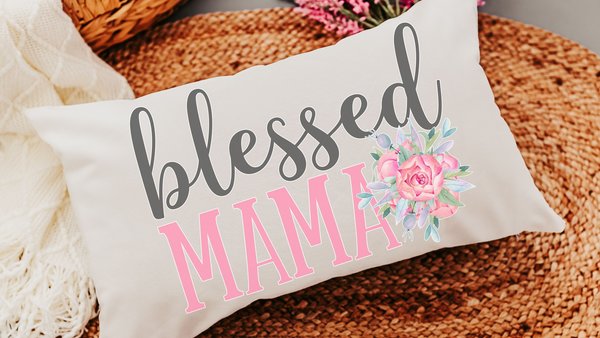 blessed mama lumbar pillow cover 12x20, Christian Mothers day gift for godmother, blush pink floral throw pillows for bed, Spring style