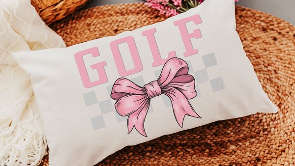pink bow golf lumbar pillow for bed, golf mom era coquette room decor pillow, lady golfer throw pillow for couch, cute golf gifts for women