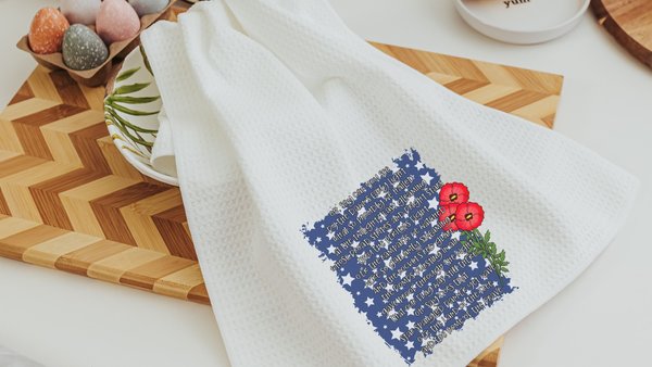star spangled banner print patriotic kitchen towel for summer, 4th of July hand towels for women, Americana kitchen decor, red poppy floral
