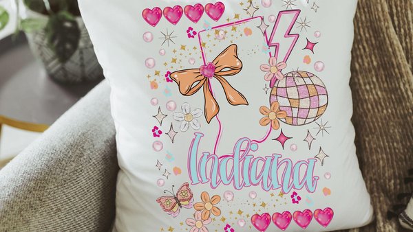 custom state throw pillow for bed, Indiana gifts, preppy stuff for teens, coquette room decor, college dorm gifts for girls, pink preppy