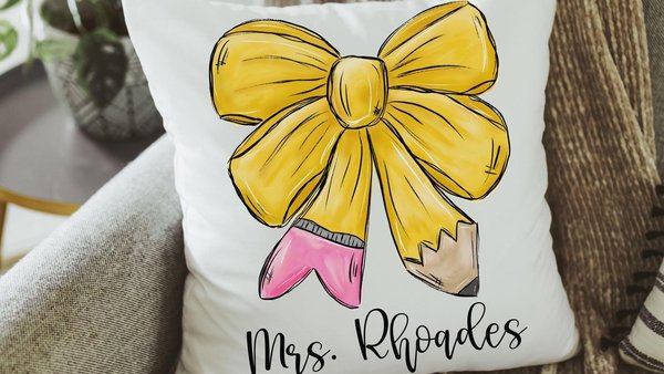 personalized back to school coquette throw pillow for seat, pencil bow cute classroom decor for preschool, new teacher welcome gifts, first