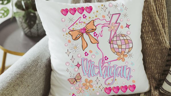 custom pink preppy pillows dorm decor for college girls preppy stuff for teens, Michigan coquette room decor, state throw pillow for bed