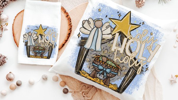 holy holy holy hymn Christian throw pillow for couch, nativity scene Christmas kitchen towels for gifts, primitive angel Christmas decor for