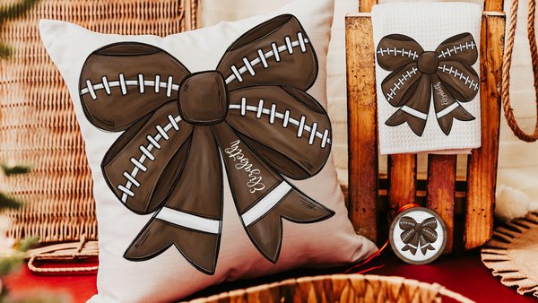 personalized football coquette bow football mom gift set for women, cute football rally towel, football bow ornament wood, football cheer