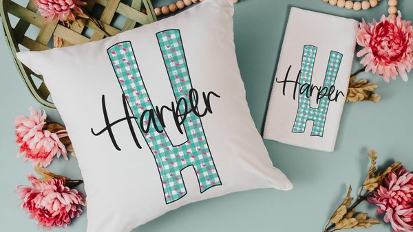 personalized turquoise gingham initial throw pillow for bed cute flamingo gifts for her, pink flamingo kitchen towels for gifts, beach house