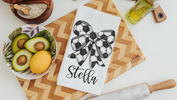 personalized soccer coquette kitchen towels for gifts, soccer bathroom decor, soccer gifts for kids, soccer senior gifts for girls, rally