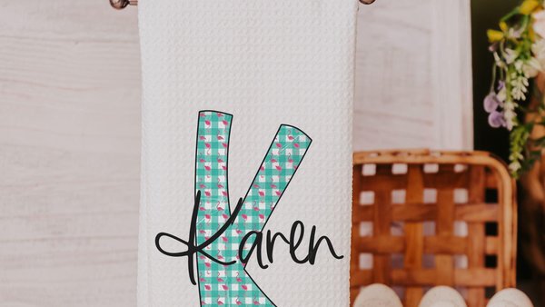 personalized turquoise gingham kitchen towels for gifts, pink flamingo hand towels for bathroom, cute initial dish towels for kitchen, beach