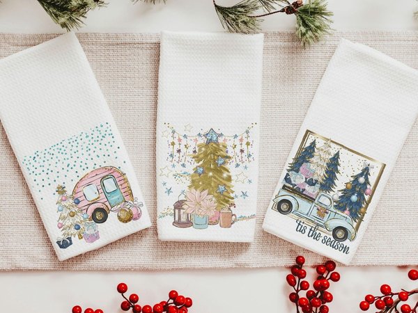 tis the season Christmas kitchen towels set of 3, RV Christmas decor, pink Christmas decorations, Christmas bathroom towels, Christmas gifts