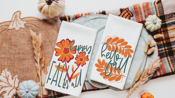 happy fall yall kitchen towels for friends, burgundy and orange flower hand towels for bathroom, fall housewarming gift for women, autumn