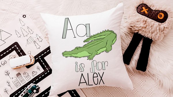 personalized jungle nursery throw pillow with name, a is for alligator nursery decor, safari baby shower gift, reading nook pillow kids room