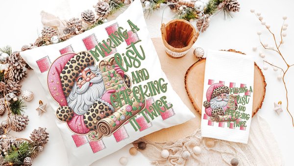 making a list and checking it twice pink Christmas throw pillows for couch, leopard print Santa Claus kitchen towels, sage green Christmas