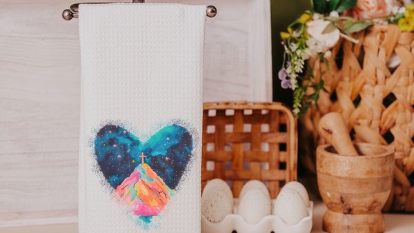 watercolor cross on the hill Christian kitchen towels for gifts, Christian decor for home, faith gifts for Mom, powder room hand towels for