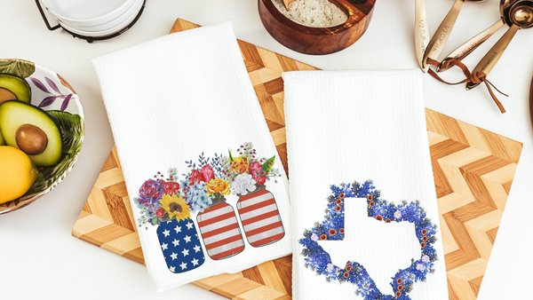 texas kitchen towels, Texas state flower bluebonnet gifts, wildflower kitchen dish towels, patriotic gifts for women, floral hand towels for