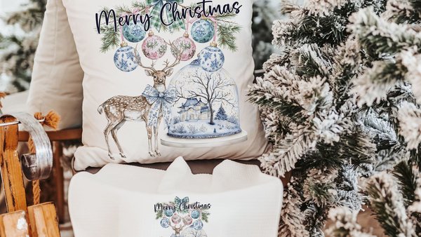 deer Christmas throw pillow for couch, chinoiserie Christmas decor for indoors, woodland Christmas kitchen towels, Christmas hostess gifts