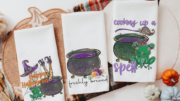 freshly brewed cute Halloween kitchen towels for friends, Halloween hand towels for bathroom, boo basket stuffers for adults, witchy kitchen