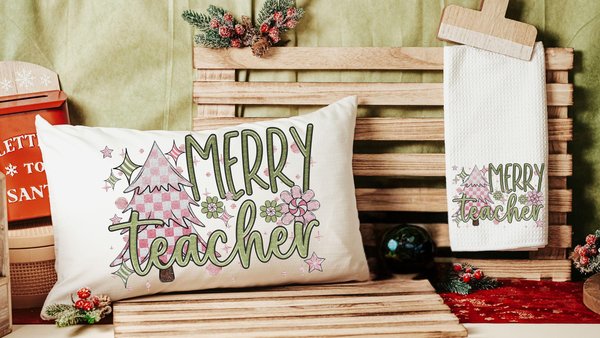 merry teacher mauve Christmas lumbar pillows for chair, moss green Christmas decor for indoors, cute Christmas gifts for teachers, stocking