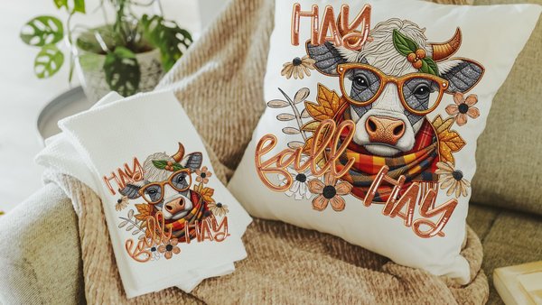 hay fall highland cow throw pillows for couch, cute cow gifts for cow lovers, funny Christmas gifts for coworkers, fall kitchen towels