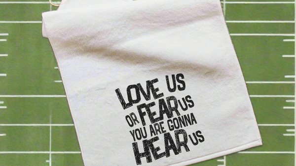 love us or fear us rally towel baseball mom gifts, game day football dad gift, sports duffle bag accessories, golf towel with grommet, coach