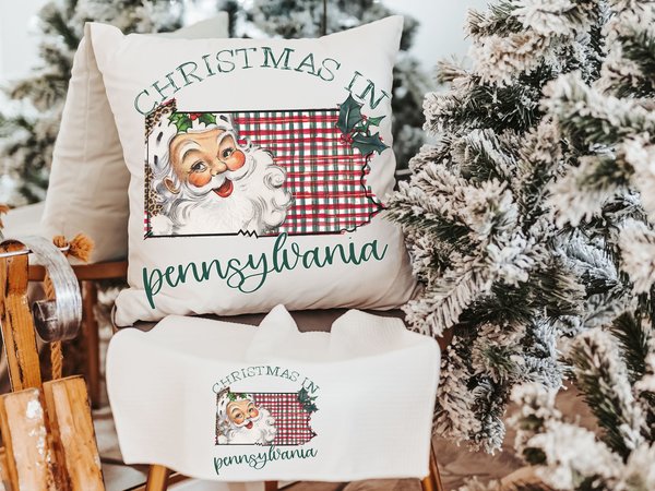 Santa Claus throw pillows for guest room, Pennsylvania Christmas gifts for neighbors, cute Christmas kitchen towel holiday hosting decor