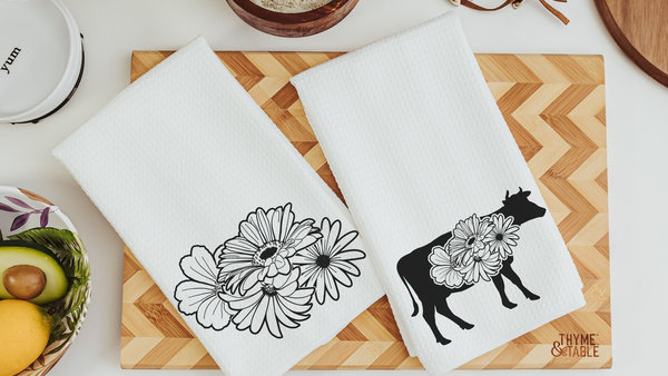 floral cow kitchen towels for Spring, black and white farmhouse kitchen decor, cute cow gifts for cow lovers, flower kitchen hand towels for