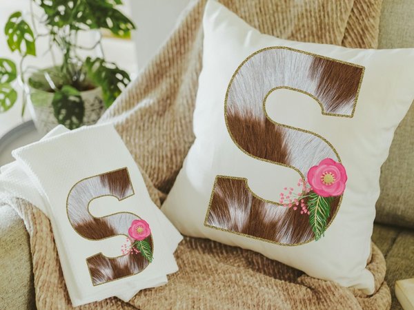 initial cowhide throw pillows for couch, country wedding gift for couple, new home gift set, personalized floral cowhide kitchen towels set