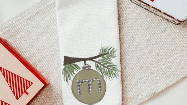 personalized initial hand towel for bathroom, custom farmhouse Christmas kitchen towels for couple, sage green Christmas kitchen decor, best