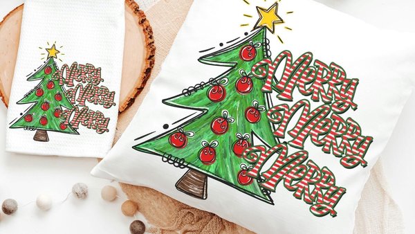 merry merry merry Christmas throw pillows for sofa, cute Christmas tree Christmas kitchen towels, fun Christmas hostess gifts for women