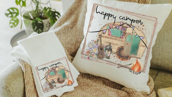happy camper throw pillow for couch,  boho camper decor, glamping gifts, boho decor for home, RV accessories for inside, van life gift, best