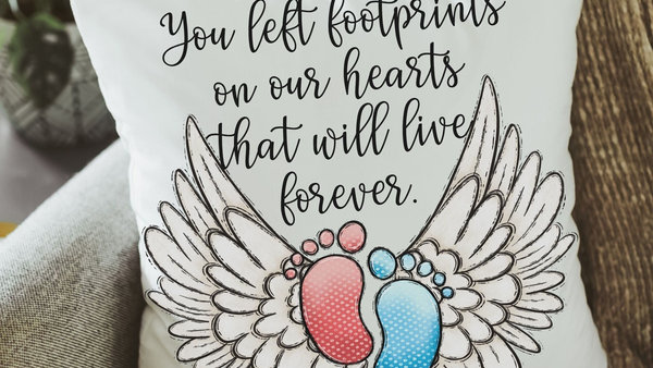 personalized footprints on our heart memorial throw pillow for bed, infant loss gifts for dad, bereavement gift loss of son for mother