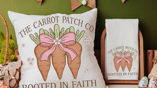 rooted in faith Spring throw pillows for couch, cute carrot Easter kitchen towels, Easter coquette Christian Easter basket fillers for women