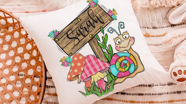 personalized whimsical mushroom nursery throw pillows for reading nook, snail decor kids room decor, Spring decor for home, cute mushroom