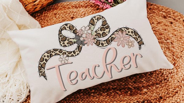 personalized blush pink teacher pillow for bed, leopard print bow throw pillow cover 12 by 20, coquette classroom decor teacher appreciation