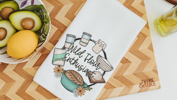 wild flour enthusiast baking kitchen towels for bridal shower, cottage bakery bread baker merch, sourdough mama sourdough kitchen decor