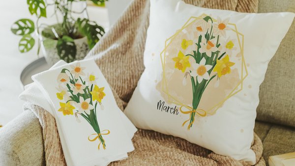 daffodil flower throw pillow for sofa, March birth flower gift for Mom, narcissus flower kitchen towels, March birthday gifts for women