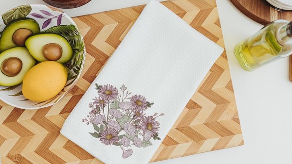 september birth flower morning glory flower kitchen towels, September birthday gift for her, purple aster muted floral bathroom hand towels